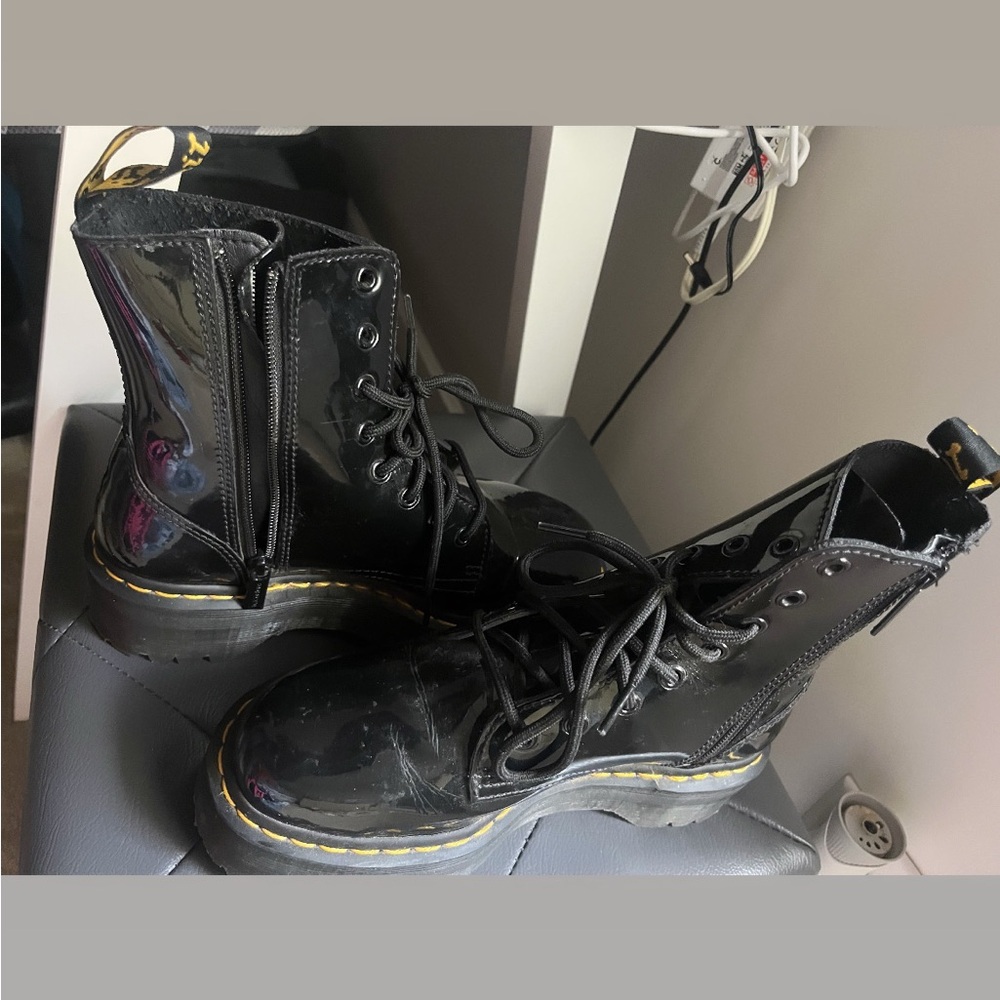 Dr. Martens Black Patent Combat Boots with Yellow Stitching Double Platform